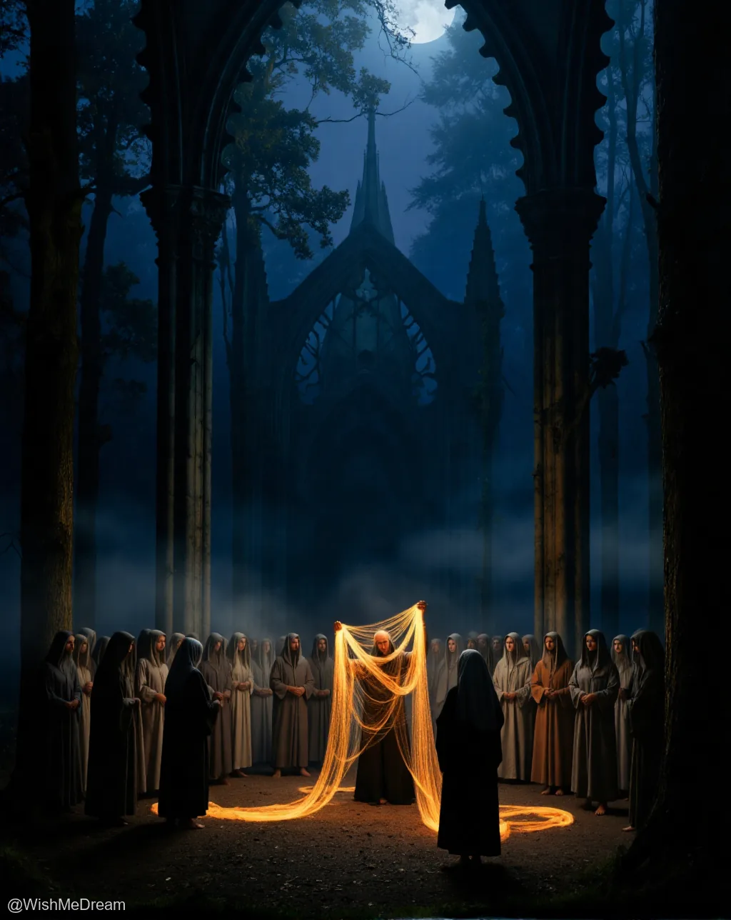 In a moonlit forest cathedral, a central monk holds up an ethereal, glowing net while surrounded by silent brethren — all dressed in monastic robes and standing under ancient stone arches. The scene feels like a dreamy, baroque ritual of light and shadow.