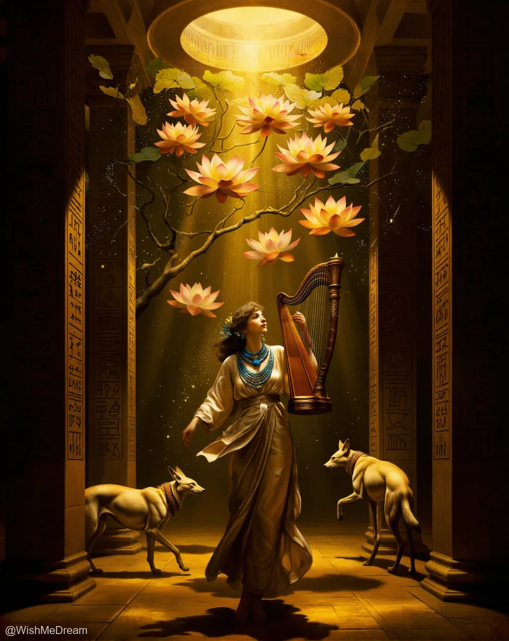 A woman in flowing robes holds a harp beneath a glowing, suspended lotus tree inside an Egyptian temple, accompanied by two feline-like canines. Golden light streams from above, illuminating hieroglyph-covered pillars and floating petals.