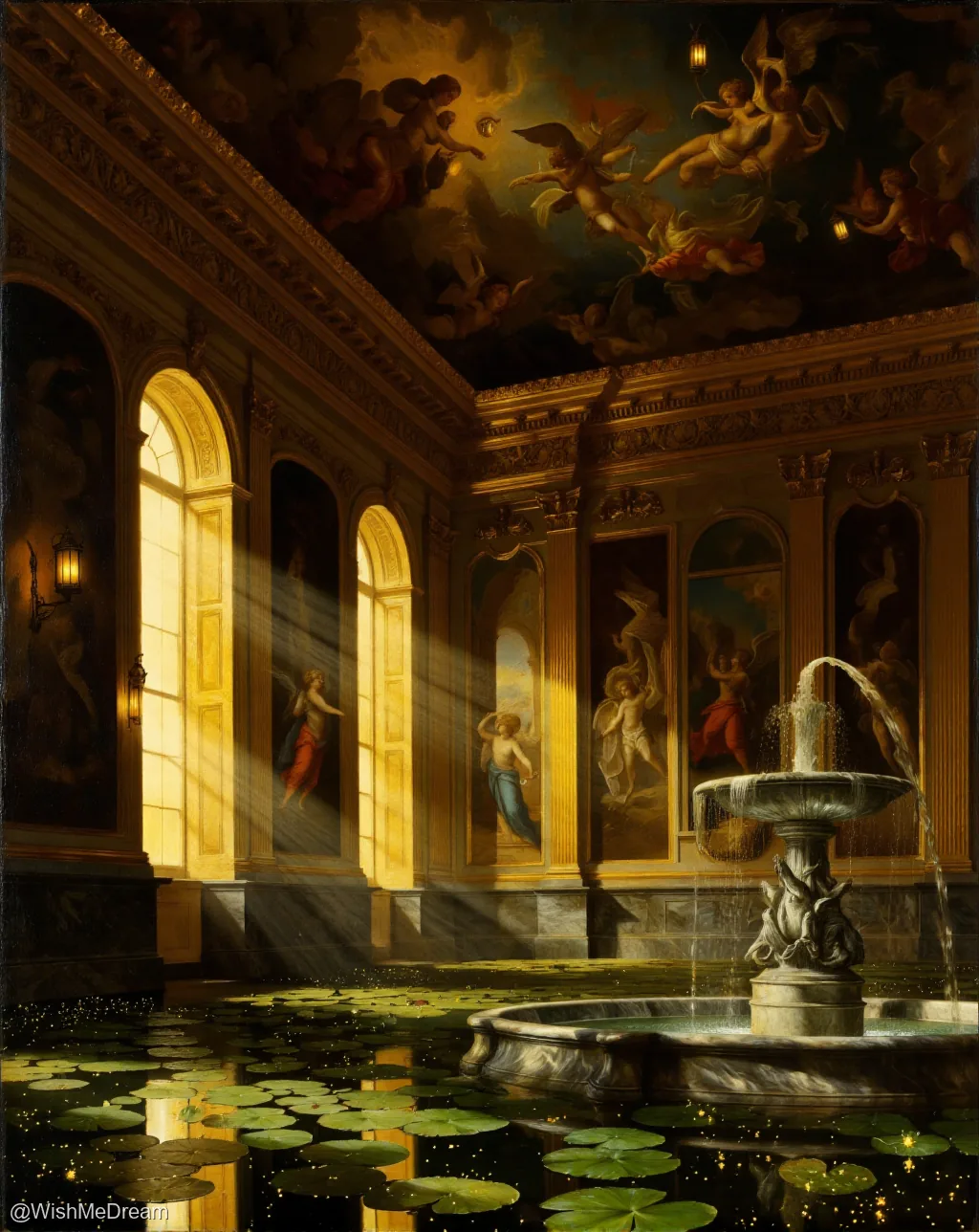 An opulent, sunlit hall with a baroque ceiling of floating angels and framed frescoes on the walls. Instead of polished floors, there’s a pond of lily pads where a fountain sprays water into a marble basin — it's as if heaven has installed a surreal, aquatic spa.