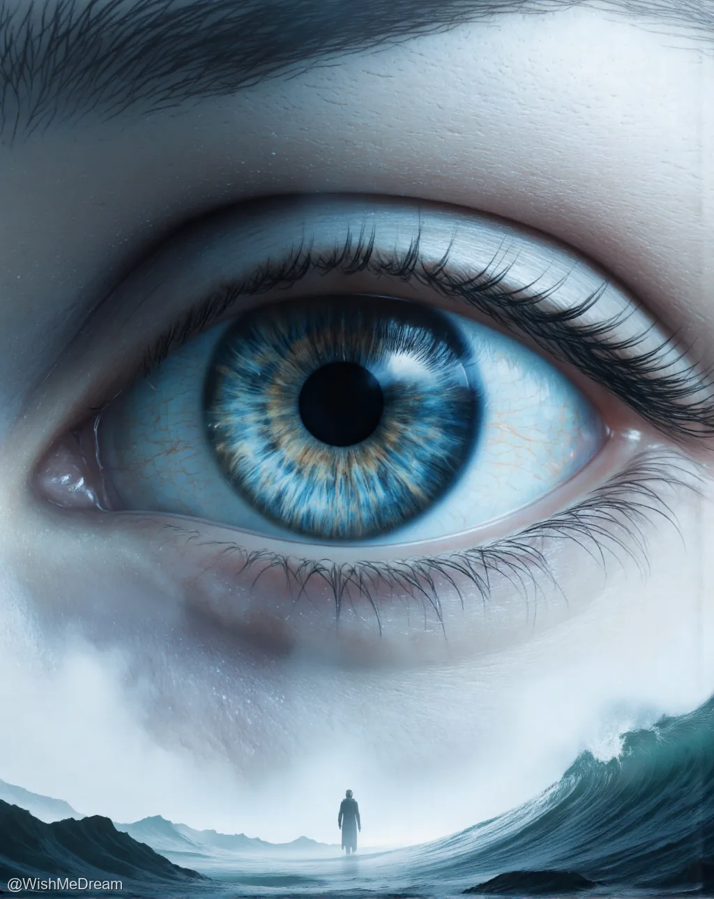 A hyperrealistic human eye frames a surreal seascape where a lone figure stands at the edge of crashing waves, gazing out into an endless horizon that exists within the pupil.