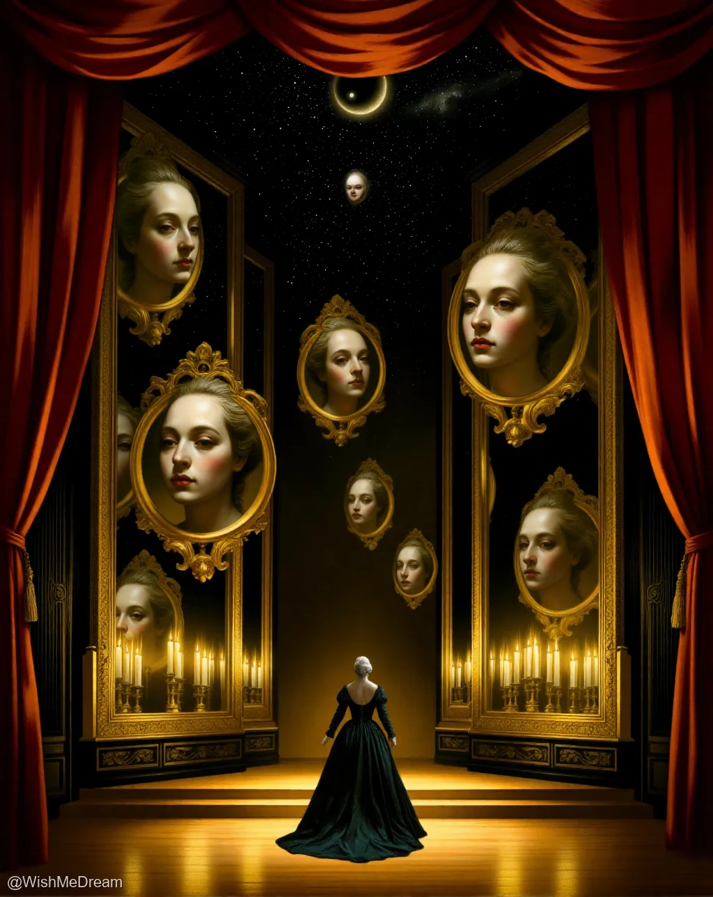 A solitary ballerina in a black gown stands center stage before an array of ornate mirrors reflecting her face against a starry night sky with floating moons. The scene is framed by heavy red curtains and lit by candlelight, evoking a surreal, theatrical dreamscape.