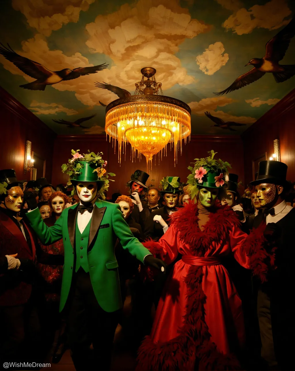 A surreal masquerade ball where guests wear ornate masks and feathered hats, under a ceiling painted with storm clouds and birds in flight — all beneath a chandelier that drips golden liquid like melted wax.