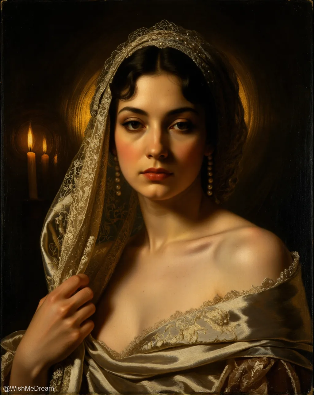 A woman in ornate, draped fabric and lace veil gazes directly forward under warm candlelight, her expression serene yet subtly commanding. The chiaroscuro lighting emphasizes luxurious textures against a dark background, evoking classical portraiture.