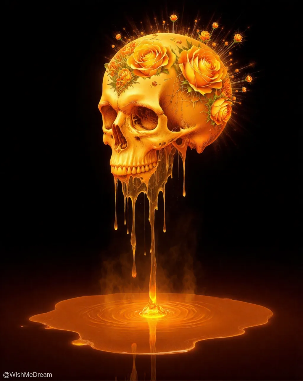 A radiant golden skull adorned with luminous orange roses drips molten honey into a pool below, radiating warmth against the dark void.