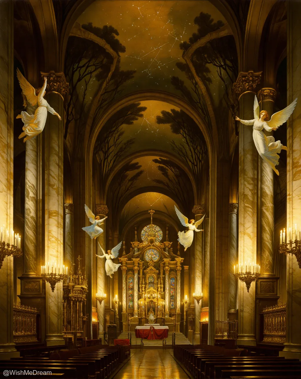 A cathedral interior where angels in flowing white robes float and dance amid towering marble columns and stained glass windows, as the ceiling transforms into a star-filled forest canopy.