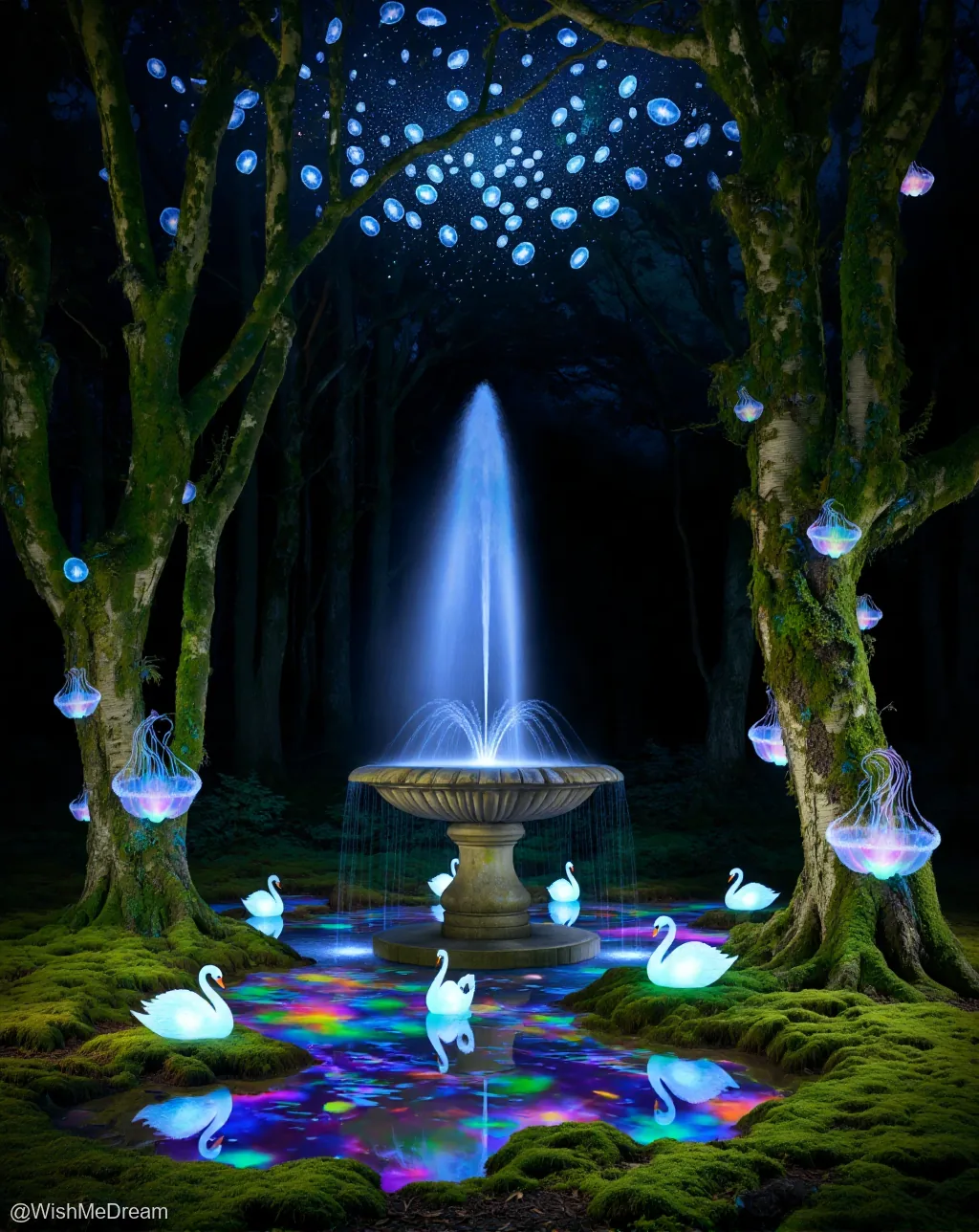 A mystical forest glows with bioluminescent jellyfish clinging to trees, while glowing white swans float around a central fountain that projects rainbow light onto the mossy ground.