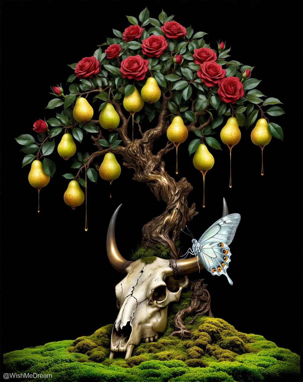 An ornate tree with red roses and golden pears grows from a bull skull buried in moss, dripping liquid that resembles honey or blood. A pale blue butterfly perches on the skull's horn, contrasting the macabre base with delicate beauty.