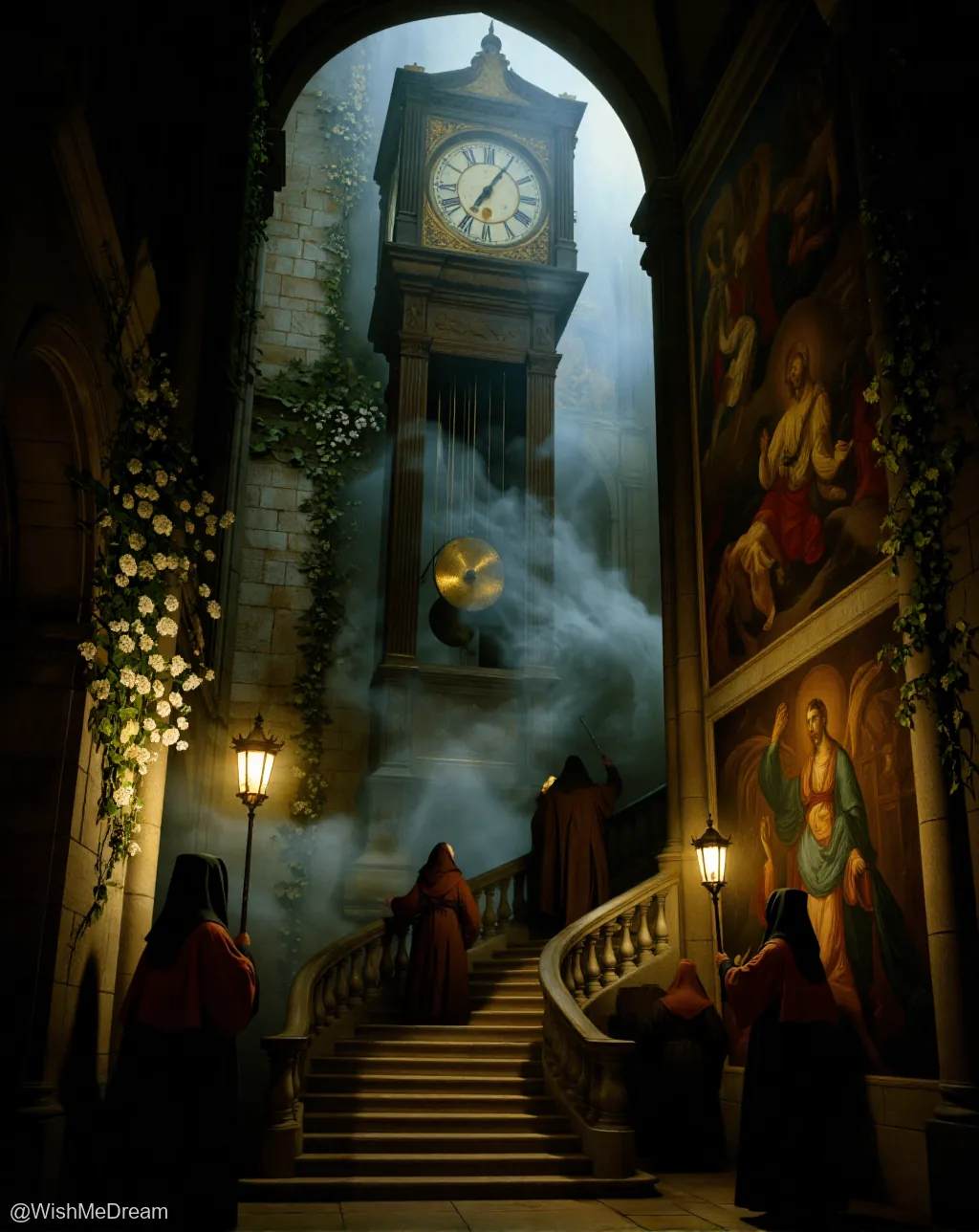 In a gothic church hall, cloistered monks in red robes ascend a staircase toward an enormous, ornate grandfather clock that emits billowing smoke. The scene is lit by warm lanterns and draped with ivy, while religious frescoes adorn the walls.