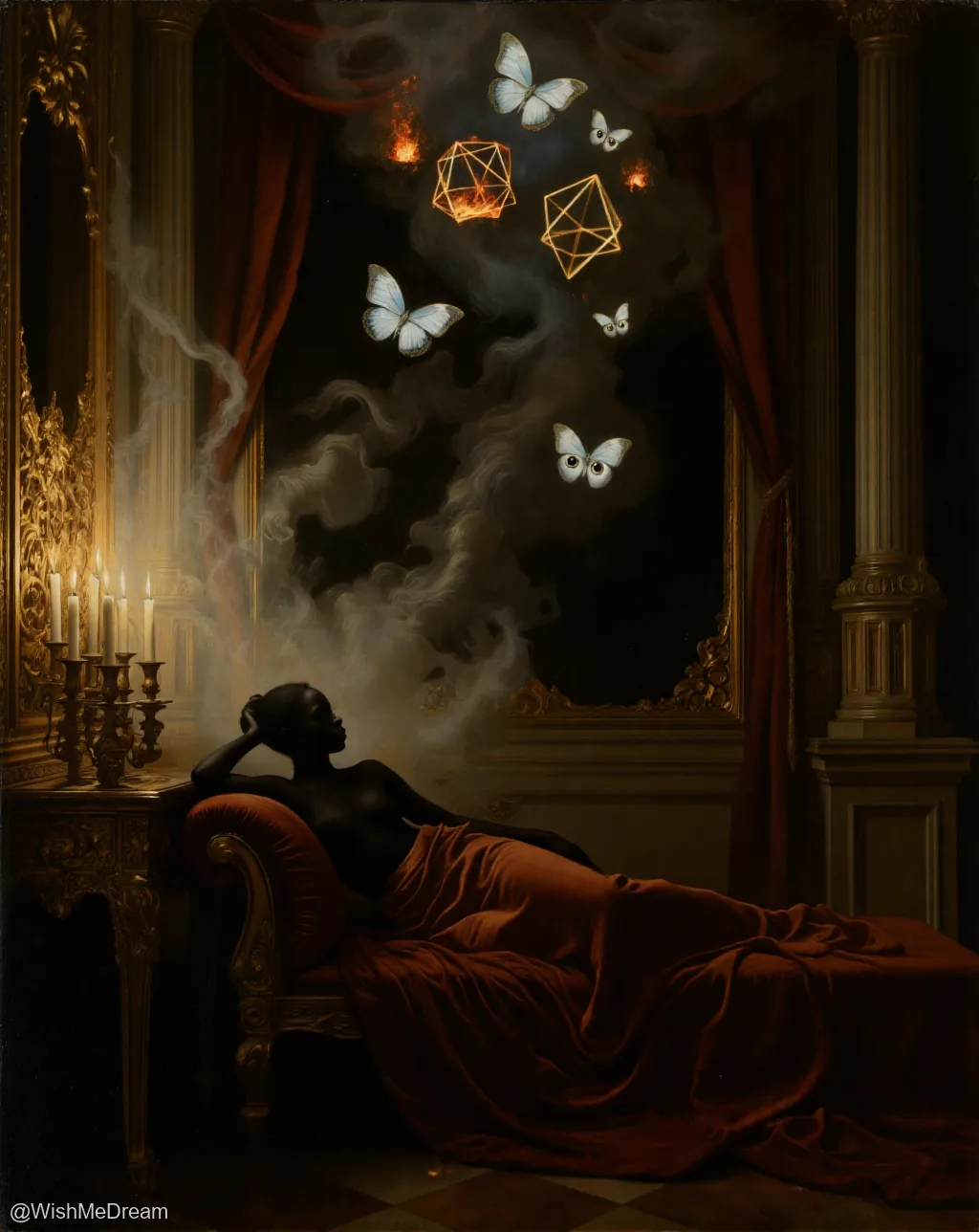 A silhouetted figure reclines on a velvet chaise in an opulent, candlelit room, gazing upward as smoke billows from their mouth into a swirling vortex of luminous butterflies and floating geometric shapes.