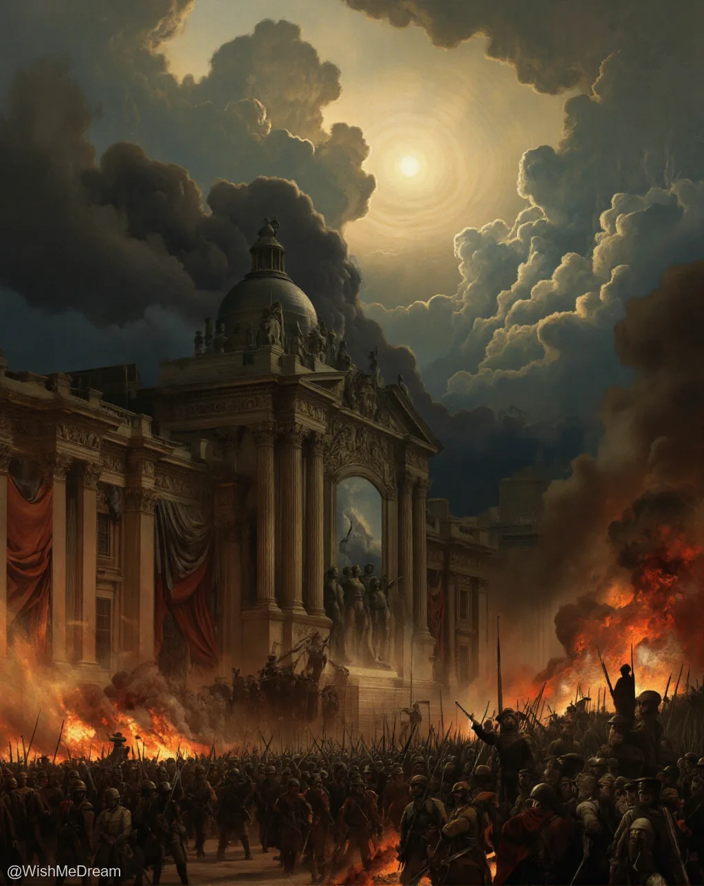 A surreal battle scene unfolds beneath a dramatic, cloud-filled sky as soldiers clash near an ornate, classical building engulfed in flames. The architecture is grand and baroque, juxtaposed with chaos and fire.