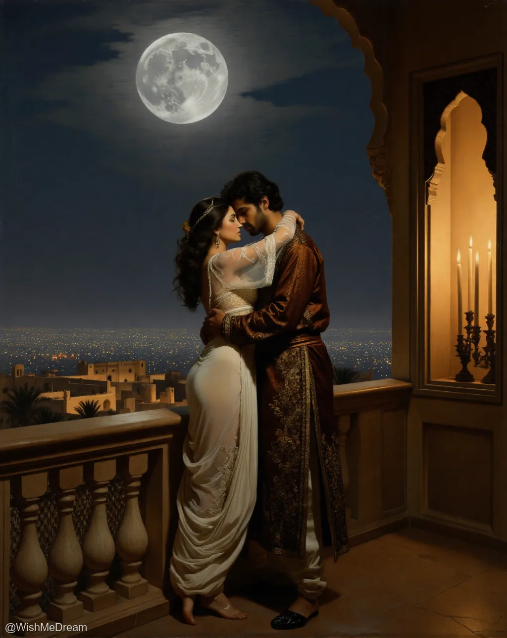 A couple in ornate, flowing garments stands on an opulent balcony under a giant moon, their heads tilted down as if staring at each other’s bare feet. Behind them, candlelight illuminates an arched alcove while the city glows far below.