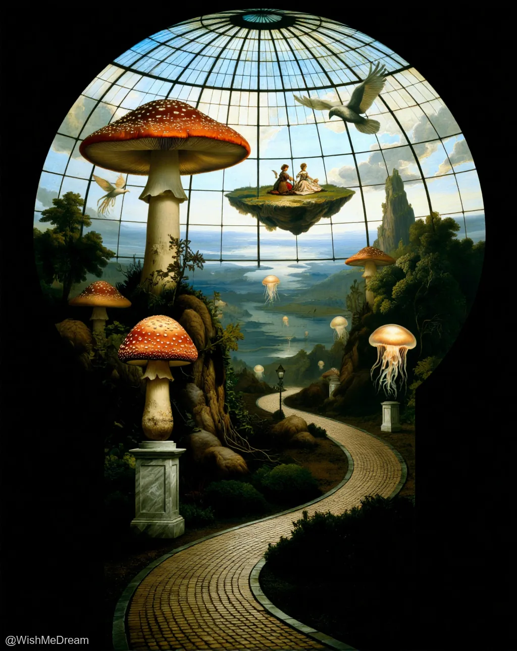 A surreal, baroque-style garden viewed through a keyhole-shaped frame, featuring giant red-and-white mushrooms, floating islands with two figures lounging on them, jellyfish drifting like lanterns along a winding stone path, all under an enormous glass dome with birds in flight.