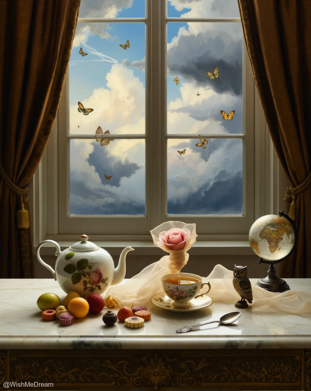A baroque-style tea set rests on an ornate marble ledge, with a rose emerging from a teacup as if it were a steaming beverage. Outside the window, butterflies flutter among dramatic clouds — one even appears to be drinking from the cup. A globe and an owl statue complete this surreal still life.