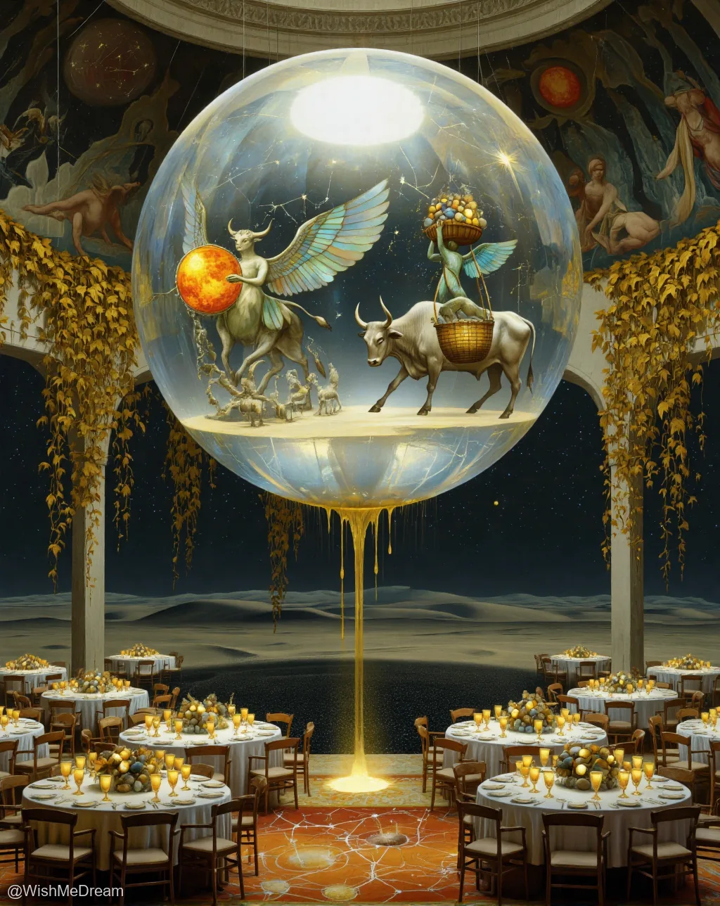 A grand, surreal banquet hall filled with tables and golden goblets beneath a colossal glass sphere. Inside the sphere, mythological beings — including winged bulls carrying fruit baskets — float amid constellations, while liquid gold drips from the orb onto the floor below.