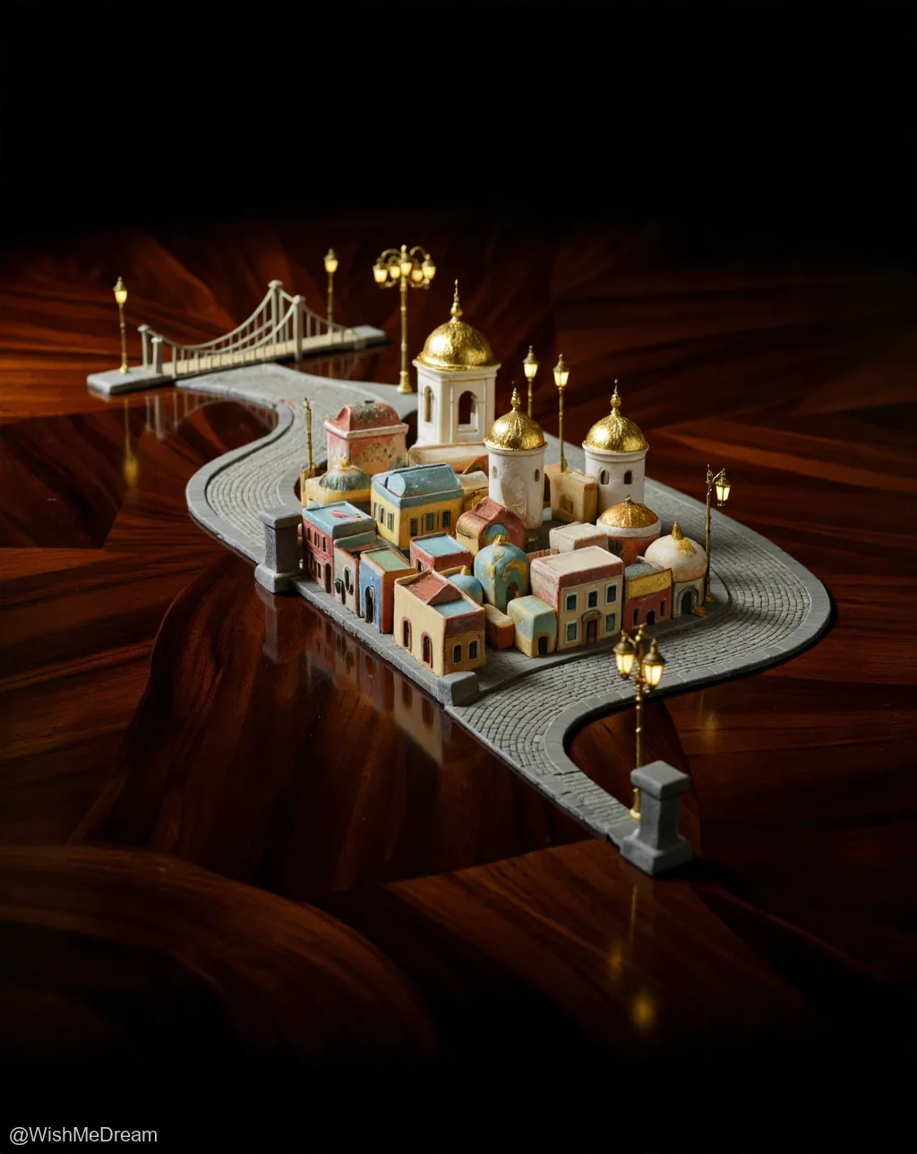 A meticulously crafted miniature cityscape with domed buildings and ornate street lamps rests on a polished wooden surface, its tiny architecture glowing under dramatic lighting.
