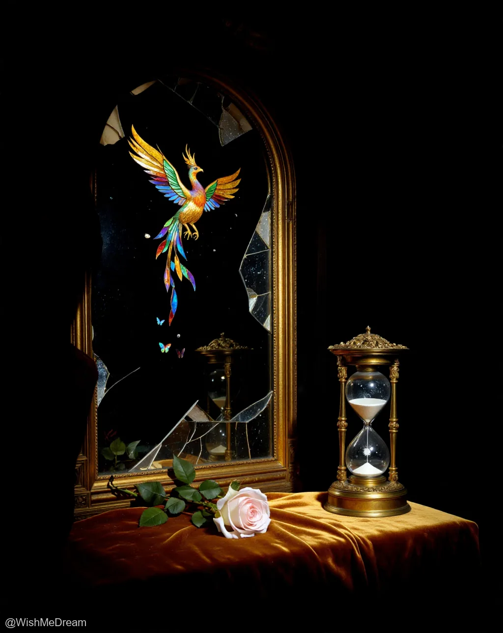 A vibrant, stained-glass phoenix bursts from a shattered mirror, while an hourglass and a single rose rest on velvet. The scene blends surrealism with baroque opulence, suggesting time’s collapse amid beauty.
