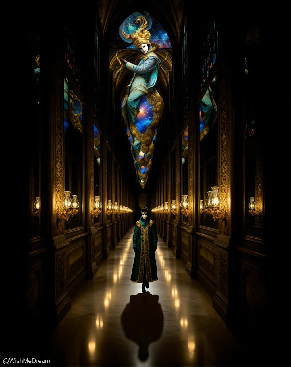 A lone figure in a green robe walks down a long, ornate hallway with mirrored walls and glowing sconces. Above them, a cosmic being floats upside-down in a stained-glass window, draped in starry fabric and golden swirls.