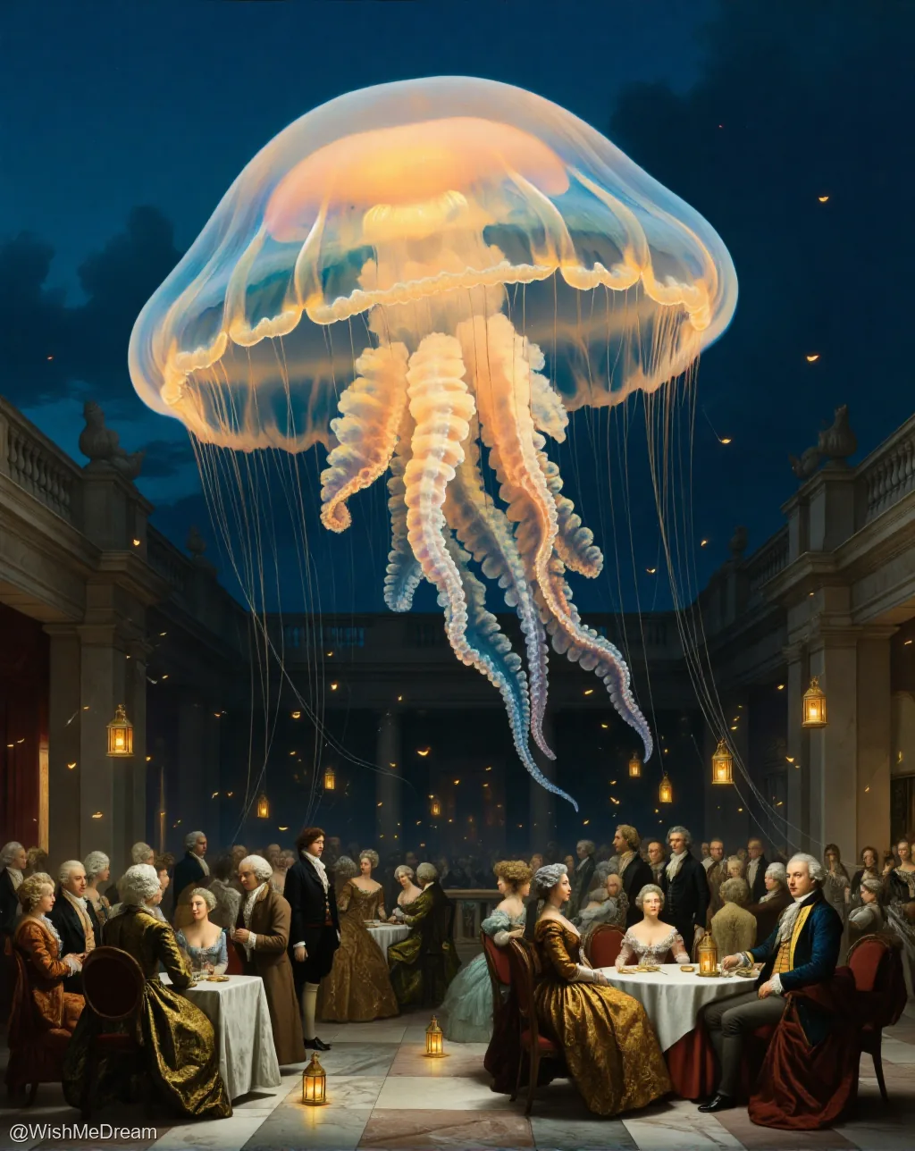 An opulent 18th-century ballroom is transformed by a colossal, glowing jellyfish floating overhead like an ethereal chandelier, casting bioluminescent light on guests in powdered wigs and gilded silks as they dine beneath its translucent bell.