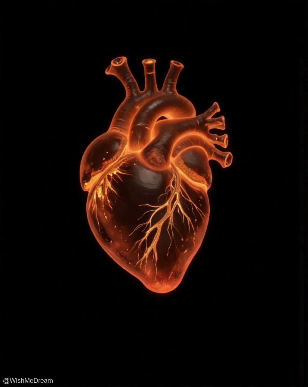 A glowing, translucent human heart with visible internal vasculature and arteries radiating fiery light against a pitch-black void.