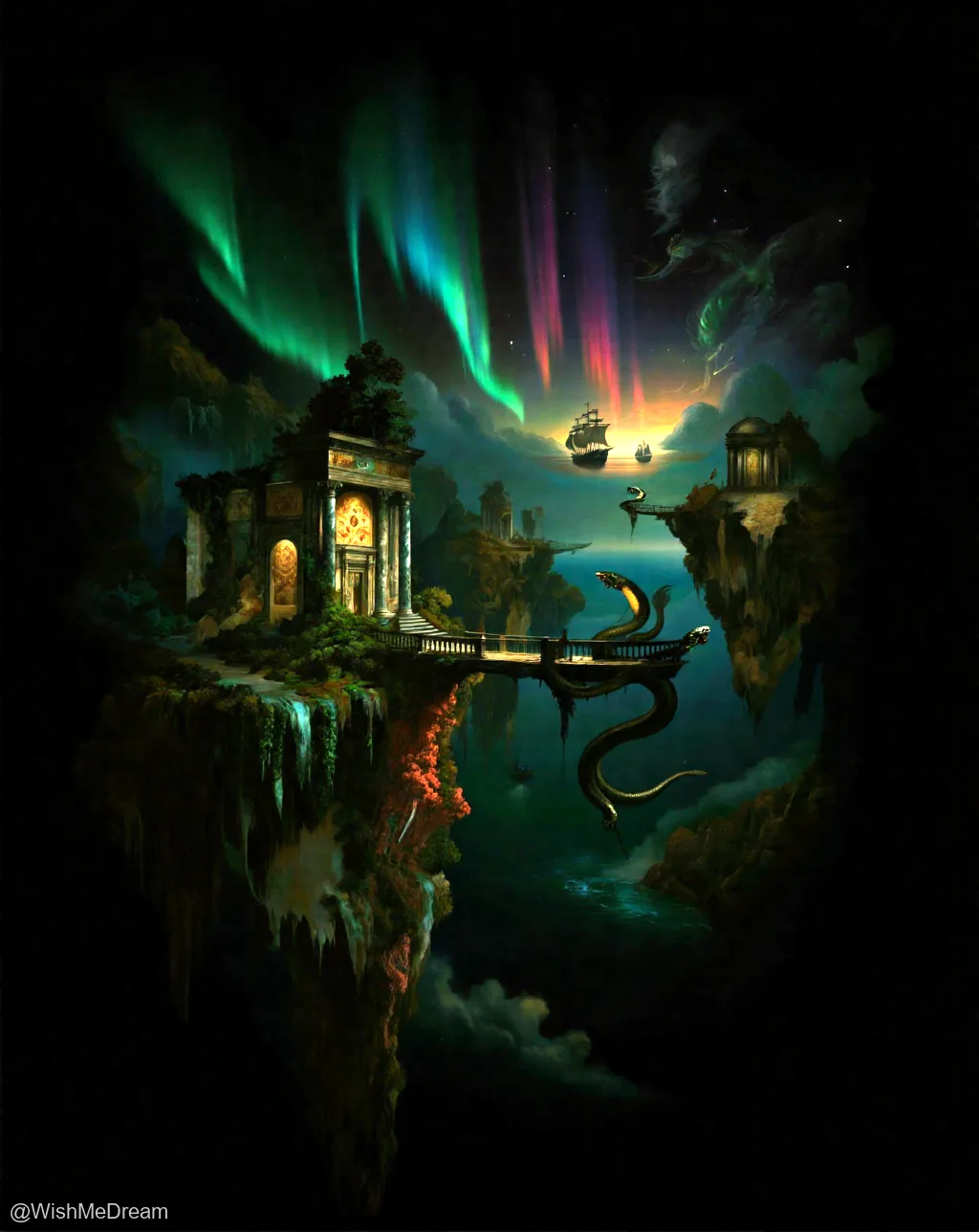 Floating cliffside ruins connected by a bridge shaped like a serpentine creature, under an aurora-lit sky where ships sail between floating islands.