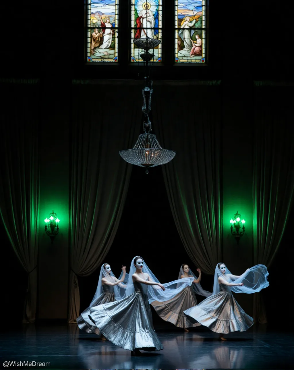 Four ballerinas in silver, veiled like mourners or nuns, perform a synchronized dance on a dark stage beneath stained glass windows depicting biblical scenes — the juxtaposition of sacred imagery with theatrical performance creates a surreal, dreamlike atmosphere.