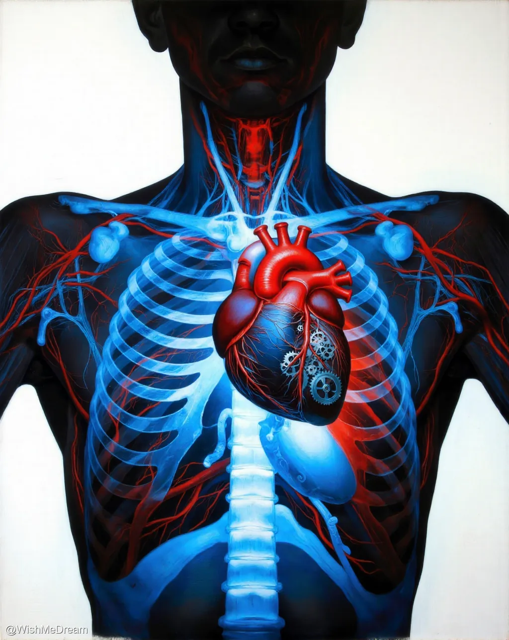 A surreal anatomical portrait of a human torso with glowing blue bones and red arteries, featuring a heart partially replaced by intricate mechanical gears, evoking themes of biology fused with industrial machinery.