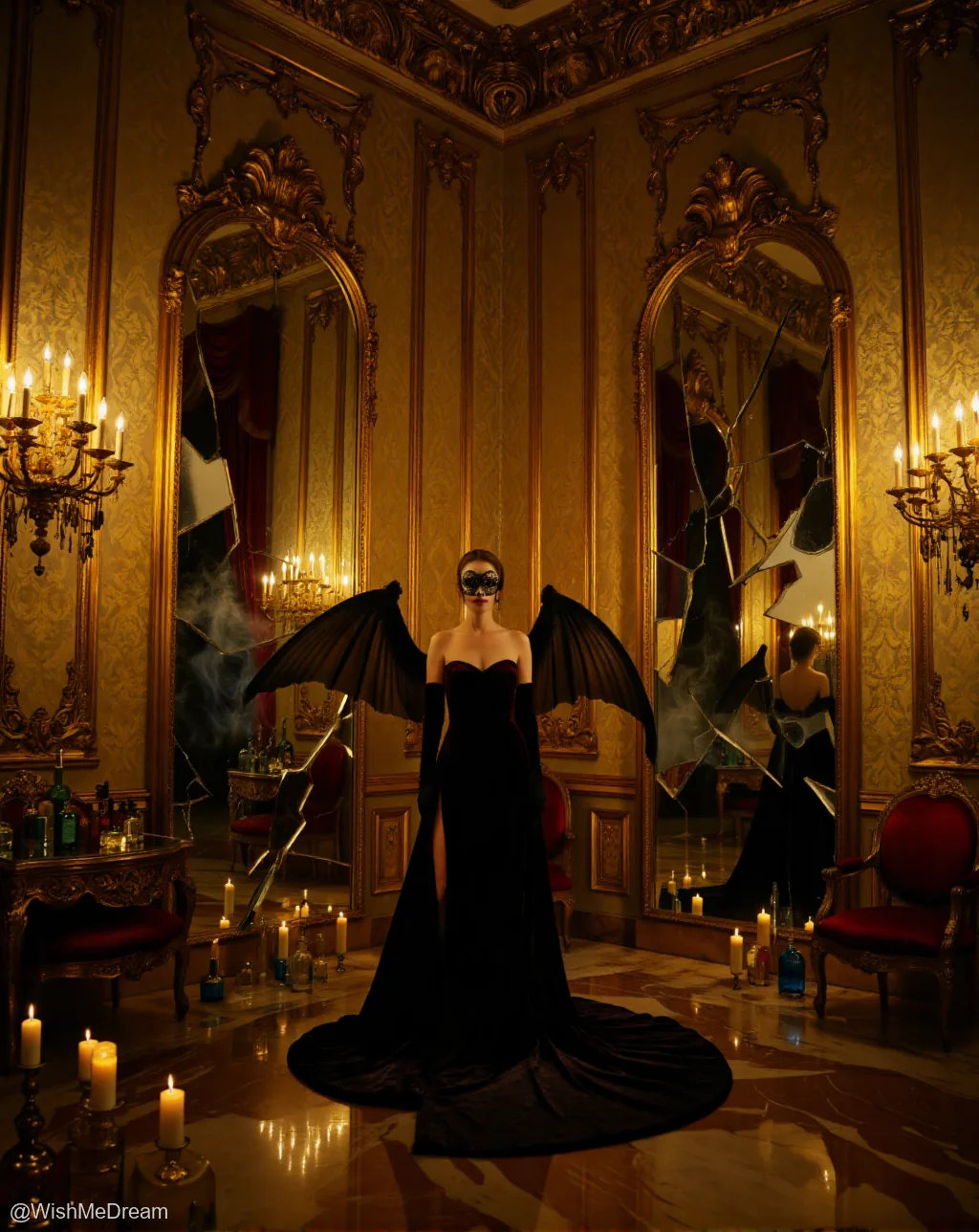 A woman in a black ball gown with bat-like wings stands defiantly in an ornate, candlelit room where mirrors are shattered and smoke curls from broken glass. Her masked face suggests she's not here to dance but to dismantle decorum.