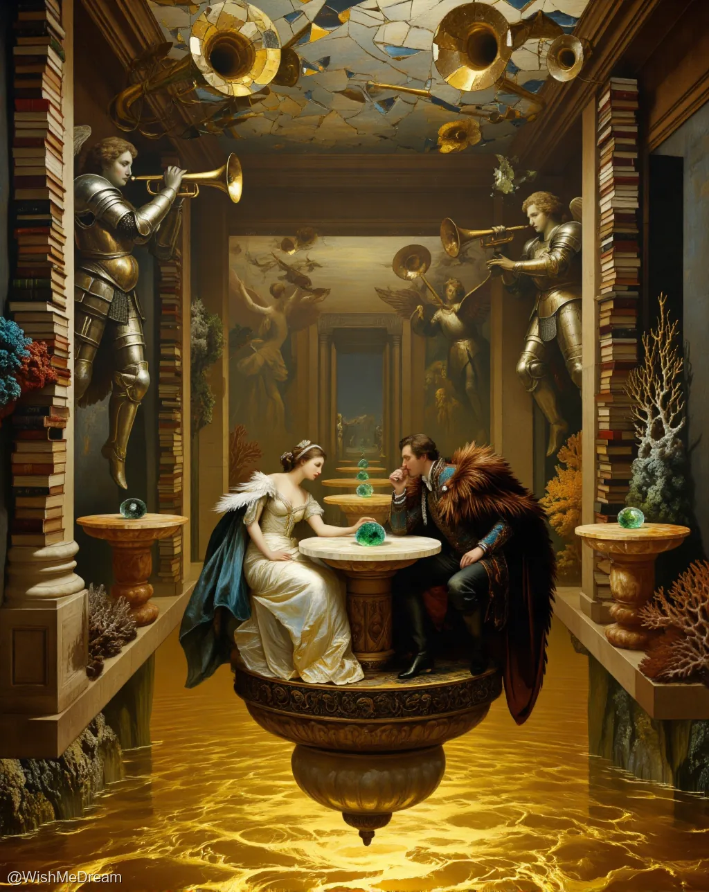 A couple sits on a floating, ornate pedestal in a surreal library filled with books, coral, and angels playing trumpets from the ceiling. The room is bathed in golden light reflecting off liquid gold below.