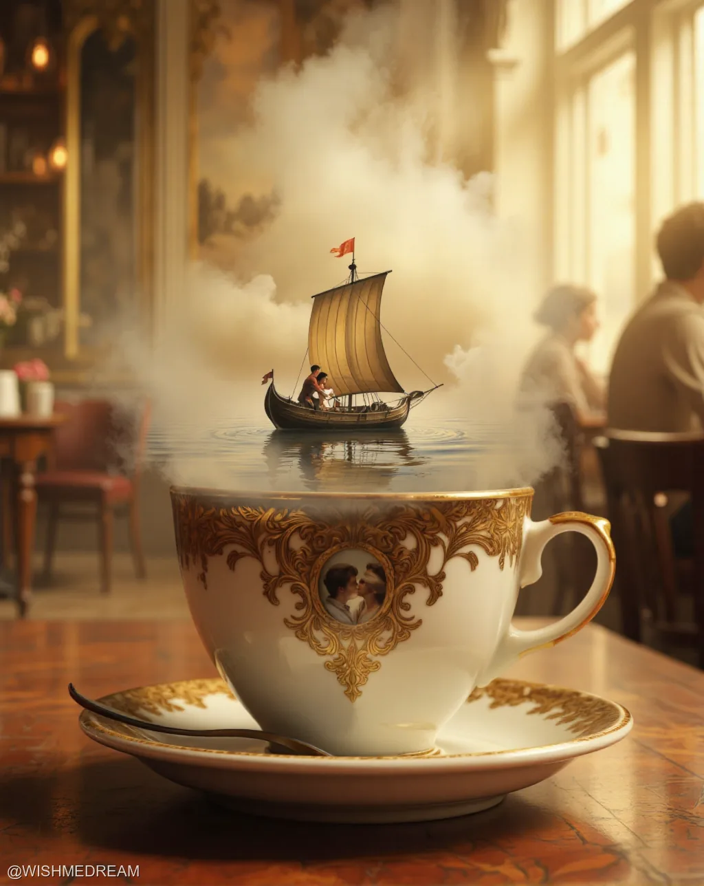 A tiny galleon sails on steam rising from an ornate teacup, carrying a couple in a romantic embrace, while the background shows a softly lit café with blurred patrons.
