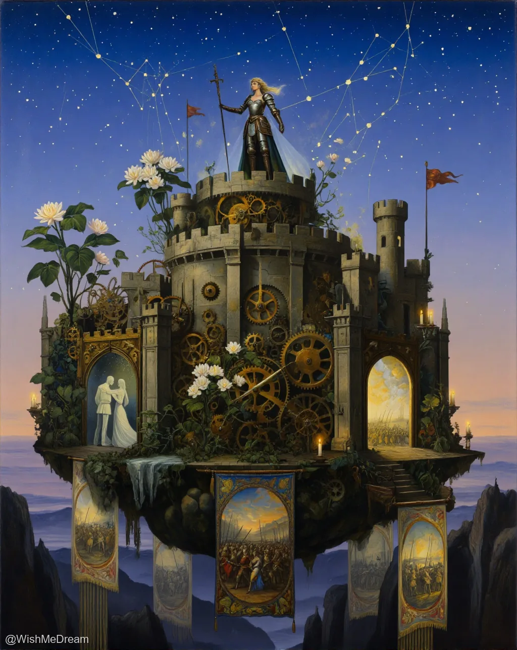 A floating, gear-filled castle suspended above mountains, crowned by a warrior queen under a starry sky. White lotus flowers grow amidst mechanical components, while banners depict scenes of romance and battle.