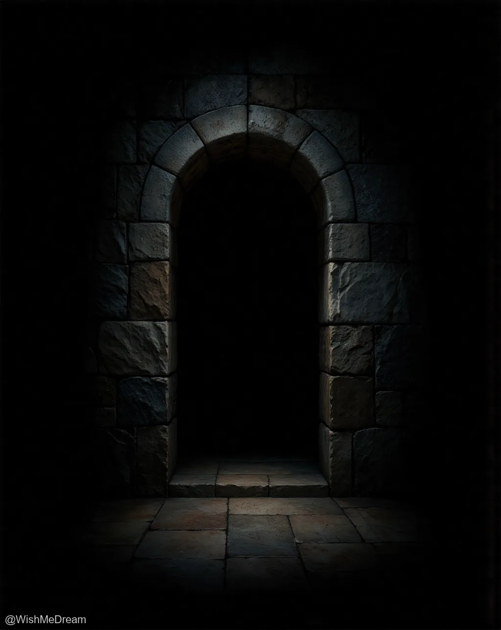 A stone archway framed by darkness, with only a faint glow illuminating the threshold — suggesting an entrance to somewhere mysterious or forgotten. The texture is rough and medieval, casting deep shadows that swallow the rest of the scene.