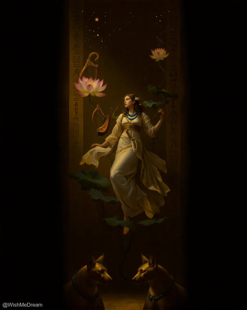 A serene, ethereal woman floats amidst glowing lotuses and hieroglyphs, holding a harp while two regal jackals gaze up from below. The scene merges ancient Egyptian iconography with dreamlike surrealism under star-dusted skies.
