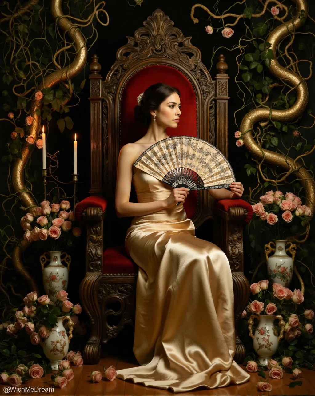A regal woman in a golden gown sits poised on an ornate throne, holding a fan as if to deflect the attention of entwined golden vines and cascading pink roses that frame her like a botanical crown. The scene is opulent, baroque, and dripping with surreal elegance.
