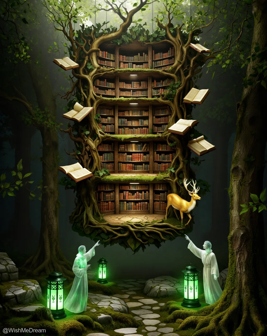 A colossal, moss-covered tree has grown into an enchanted library with floating open books and glowing lanterns. Two ghostly figures in white robes point upward toward the shelves, while a golden deer stands on a root platform, seemingly part of this surreal woodland archive.