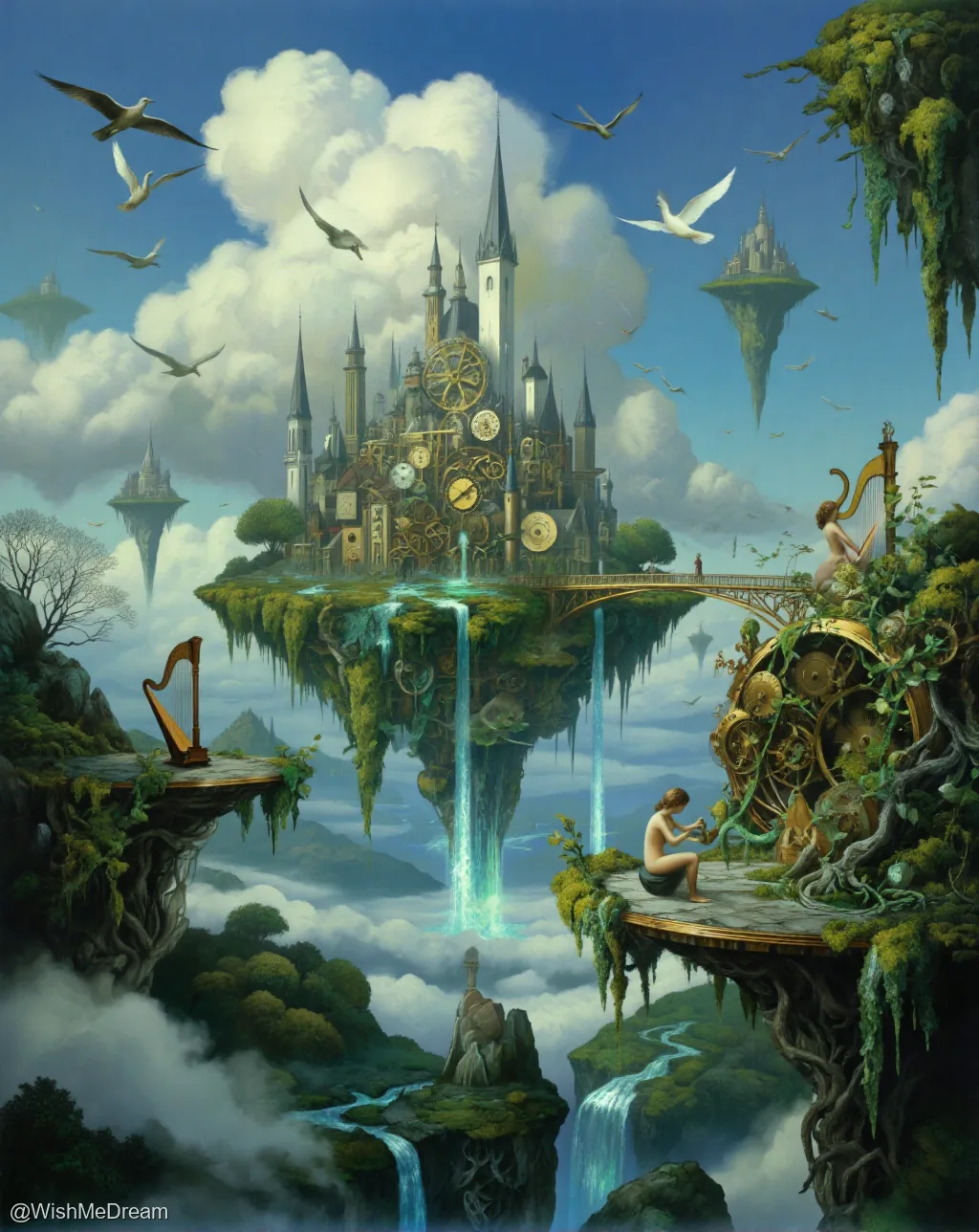 A fantastical floating castle adorned with mechanical clocks and cascading waterfalls rests between lush, overgrown islands. Figures sit contemplatively amid vines and machinery, while birds soar through a sky filled with otherworldly clouds.