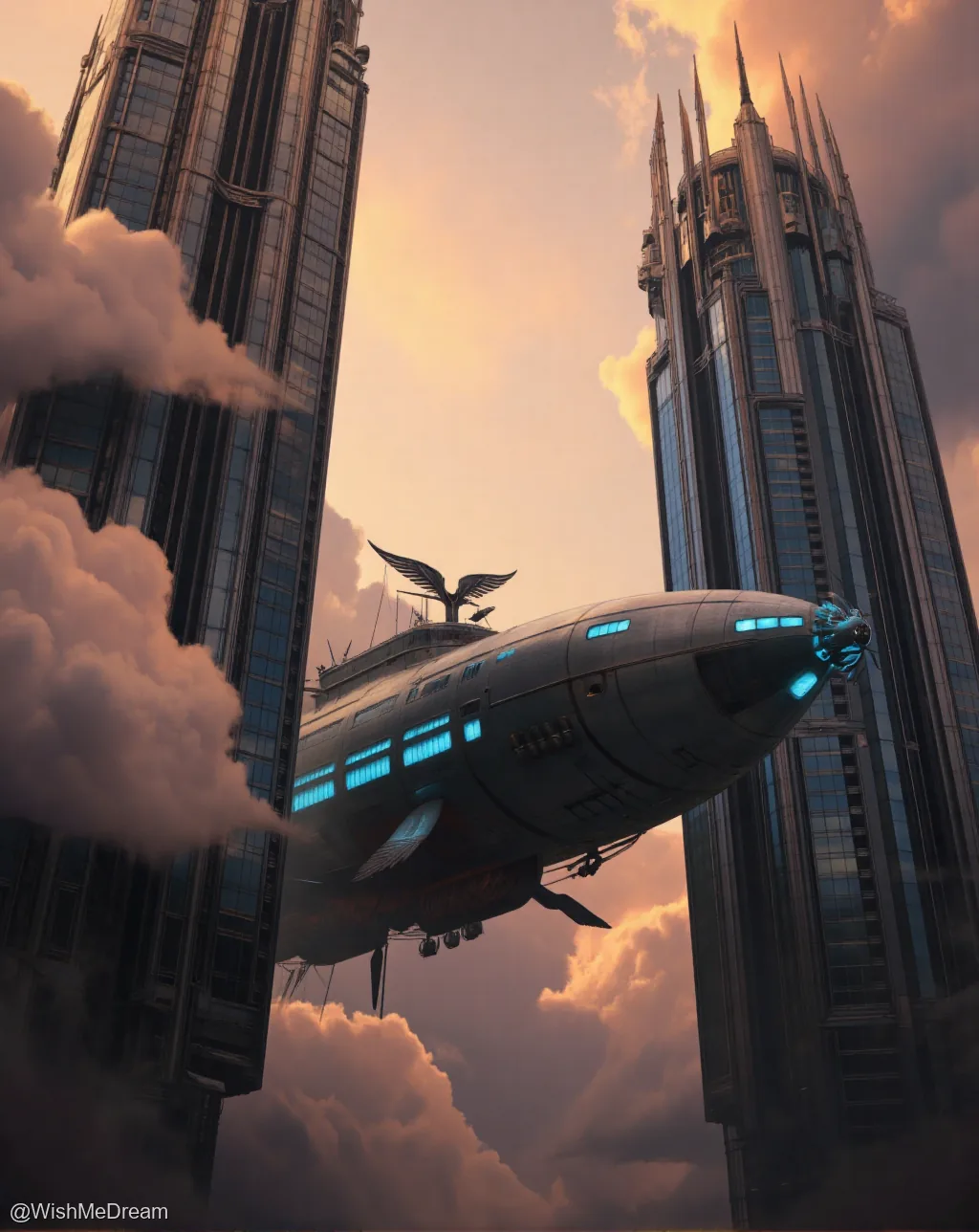 A massive, futuristic zeppelin with glowing blue panels and an eagle emblem navigates between two towering skyscrapers during a dramatic sunset, surrounded by clouds that look like cotton candy.