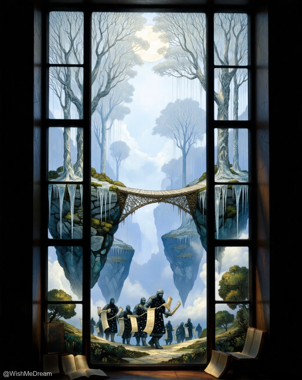A surreal, baroque-style painting shows a group of robed figures carrying scrolls across a precarious wooden bridge suspended between floating islands. The scene is framed by a tall window looking out onto an ethereal forest under a full moon.