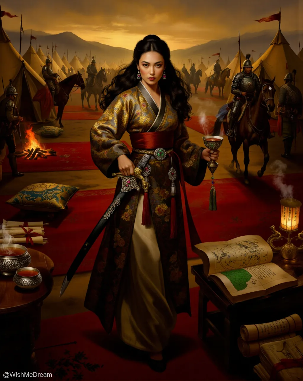 A regal woman in ornate robes stands confidently with a ceremonial sword and a steaming cup, surrounded by mounted soldiers and camp tents under an orange-hued sky. Nearby tables hold scrolls, maps, and tea sets — blending diplomacy with martial readiness.
