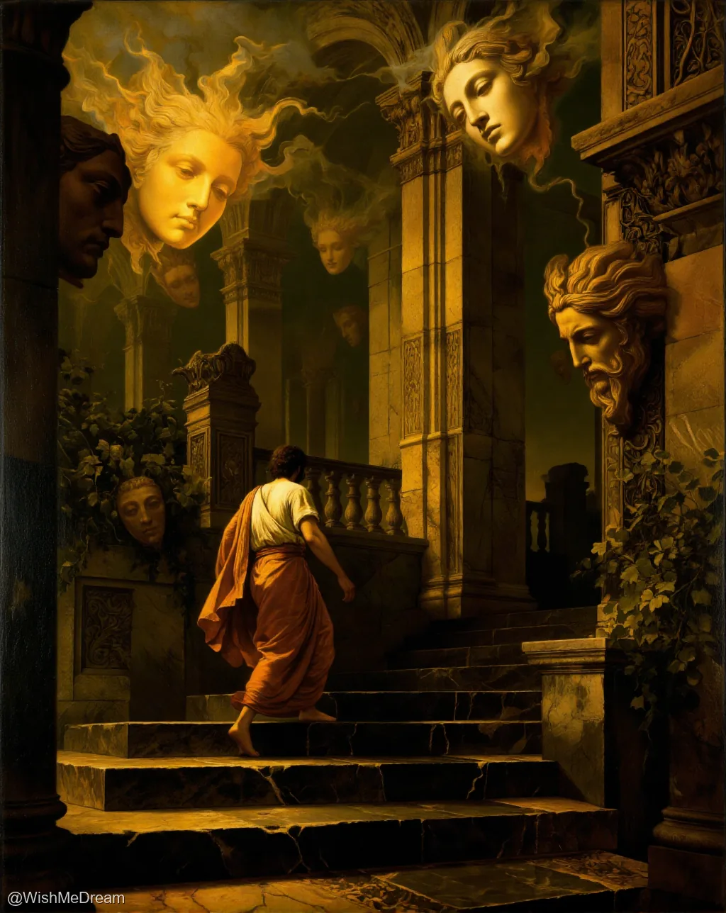 A lone figure ascends marble stairs flanked by colossal, weeping stone heads that seem to float in golden haze. The scene evokes a baroque temple where divine sorrow is architectural.