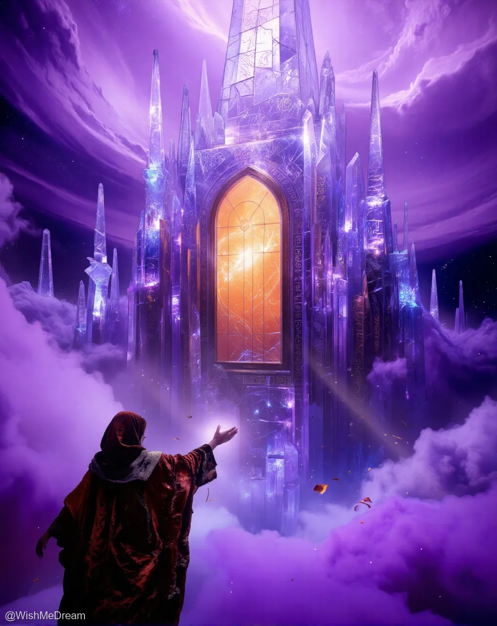 A lone robed figure stands on purple clouds, reaching toward an immense crystalline cathedral that floats in a starry void. Its central stained-glass window glows with warm light, contrasting sharply with the cold, jagged spires surrounding it.