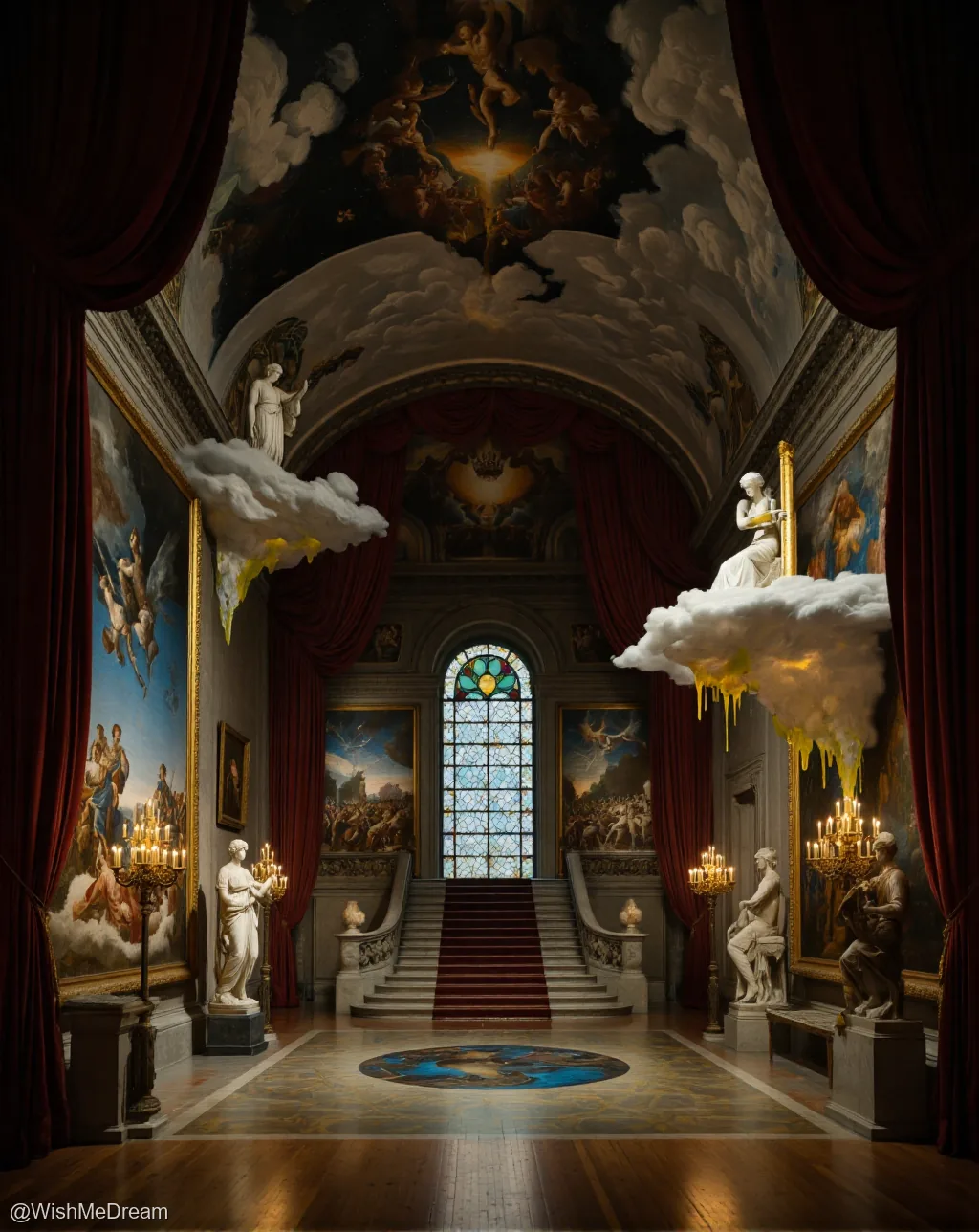 A grand, opulent hall with Baroque architecture is transformed into a surreal heavenly lobby, where floating clouds drip golden honey and statues of angels and mortals coexist under a frescoed ceiling depicting divine chaos.
