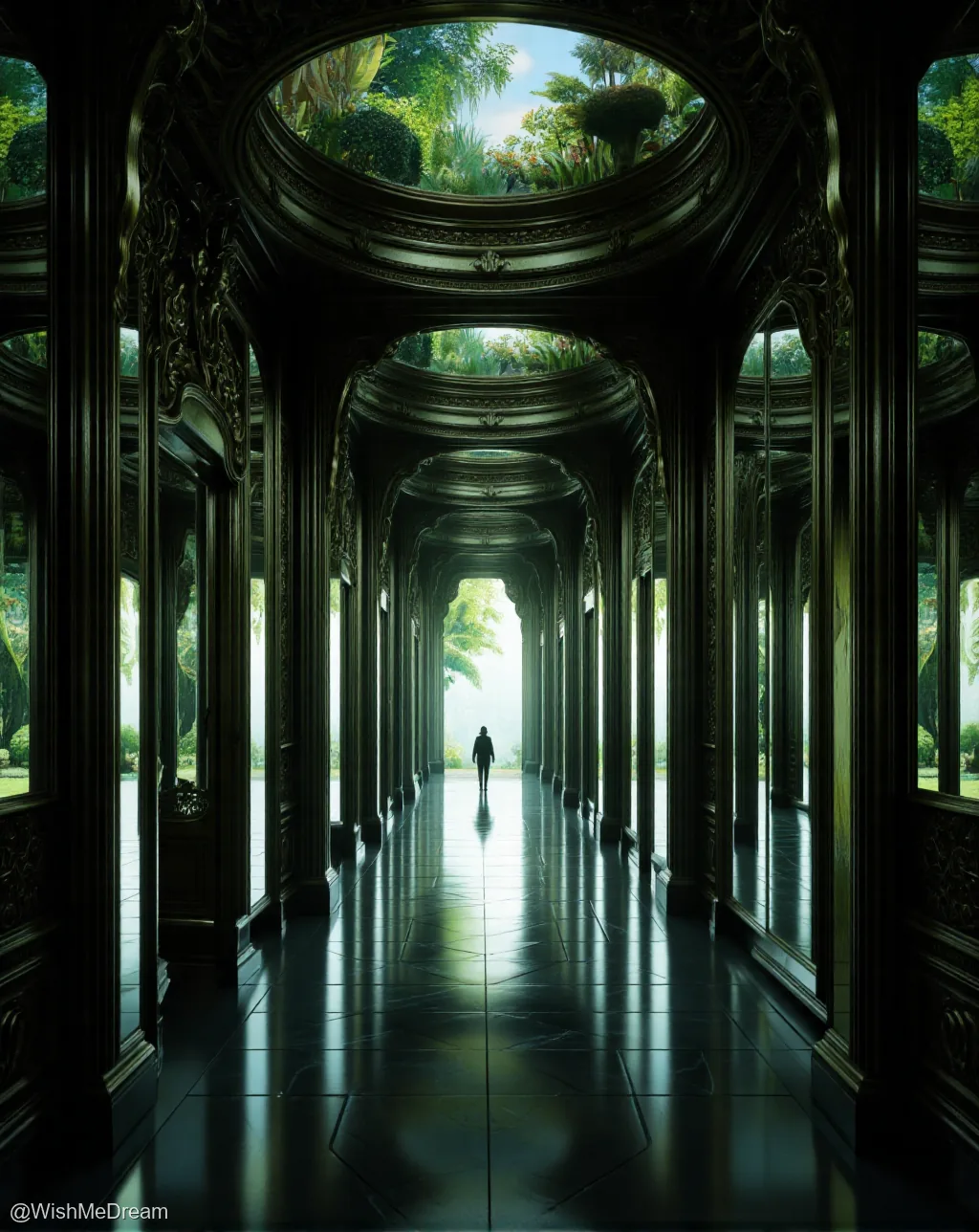 A lone figure walks down an opulent, mirror-lined baroque corridor where reflections multiply infinitely, leading to a bright, verdant garden at the end. The ornate architecture contrasts with the natural light spilling through arched skylights.