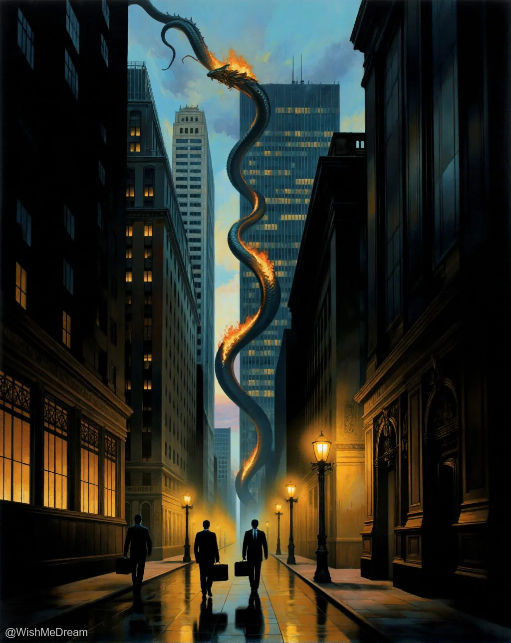 Three businessmen walk down a wet, neon-lit city street as a colossal, fire-breathing dragon coils vertically between skyscrapers, its body glowing like a living circuit board.