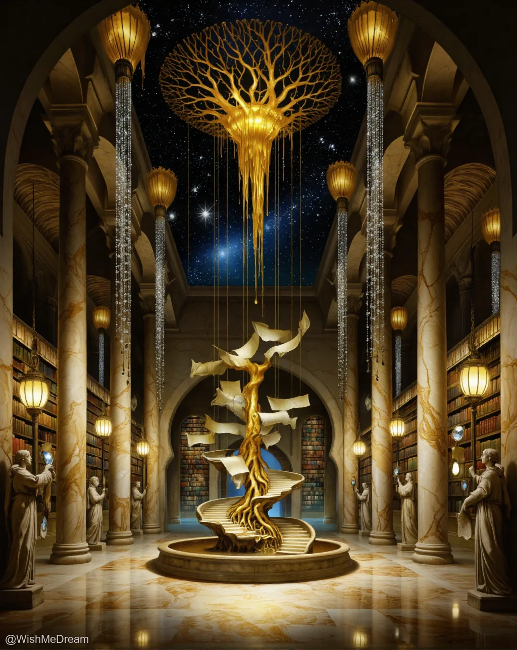A grand, baroque library with marble columns and glowing lanterns contains a surreal central feature: a golden tree whose roots form an ascending spiral staircase, while its branches drip starlight into the cosmos above. Statues of scholars in flowing robes stand sentinel around the space.