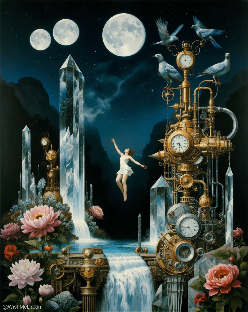 A woman floats gracefully between towering crystal pillars and ornate, steampunk-style clockwork machinery under a night sky with three moons. Birds perch atop the clocks, while vibrant peonies bloom at the base of the surreal landscape.