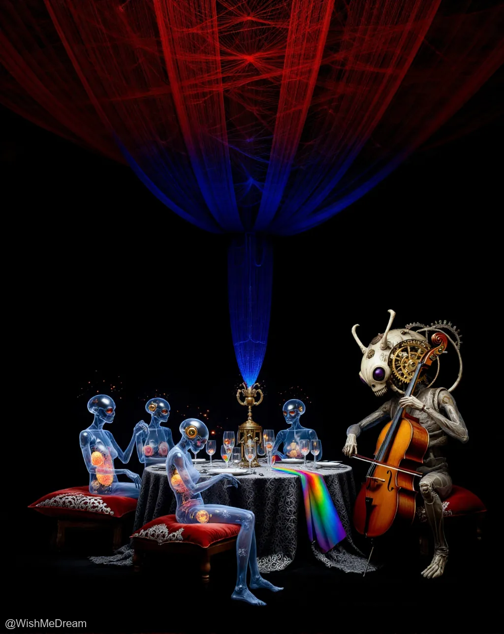 A surreal dinner scene where translucent humanoid figures with glowing internal organs sit around a table, while a clockwork creature plays cello under a red and blue silk canopy.