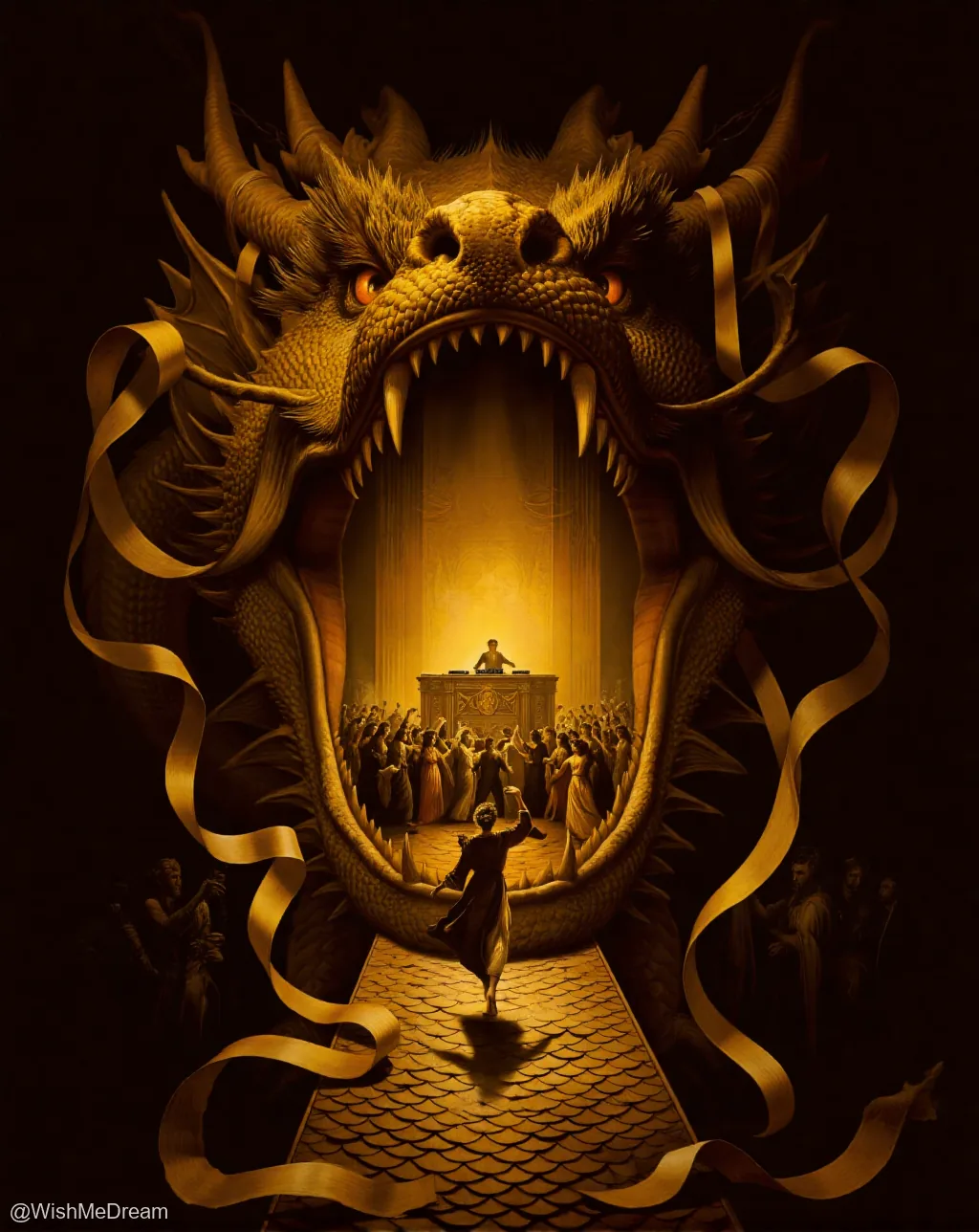 A colossal golden dragon serves as a cathedral, its gaping maw revealing an ornate church interior where a preacher addresses a crowd. A lone figure walks down a tiled pathway toward the dragon’s mouth, framed by swirling ribbons.