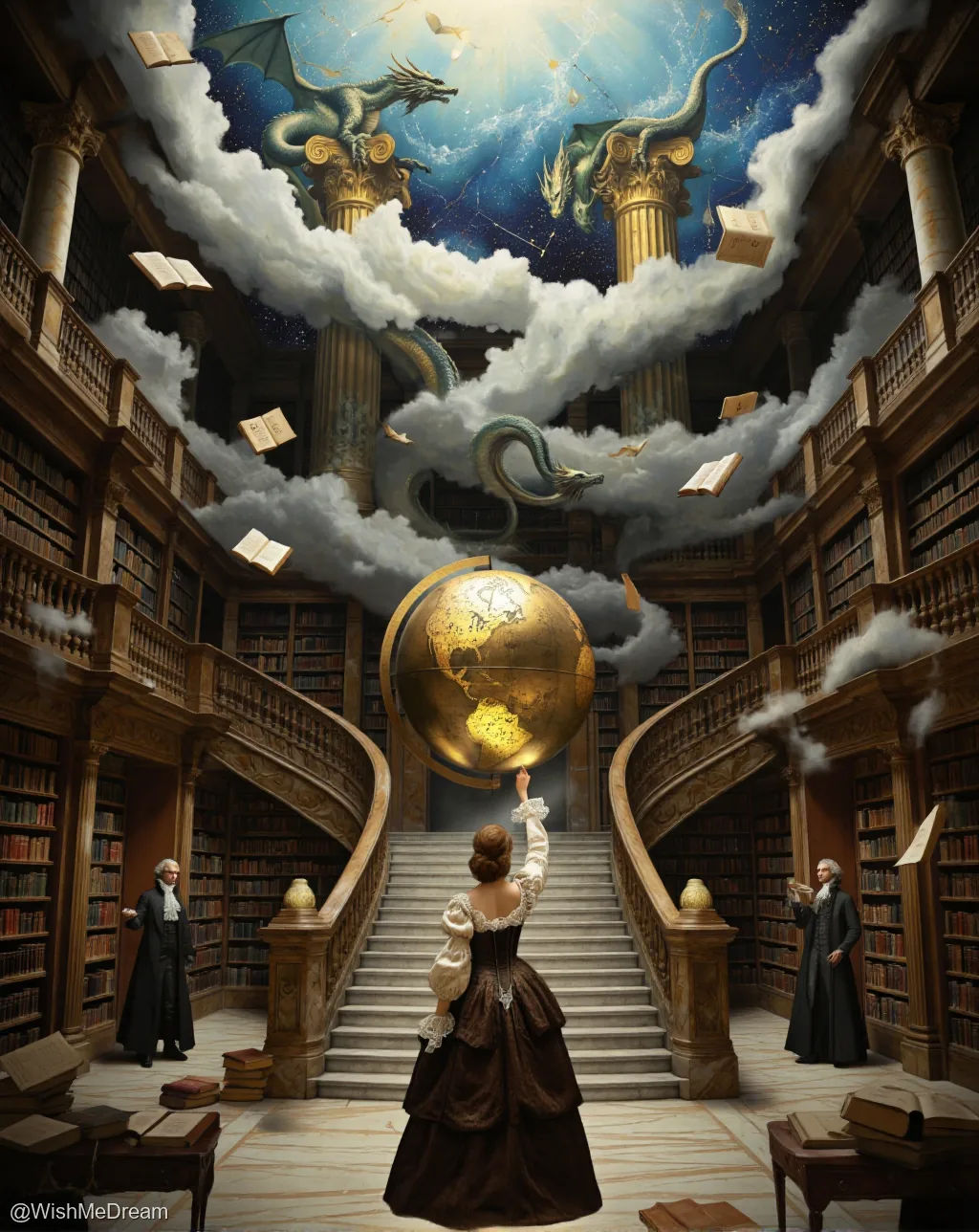 A woman in a Victorian dress stands at the bottom of a grand library staircase, reaching toward a floating golden globe as dragons coil around cloud-filled columns above. Two men in period attire stand by, bewildered or possibly assisting with this surreal event.