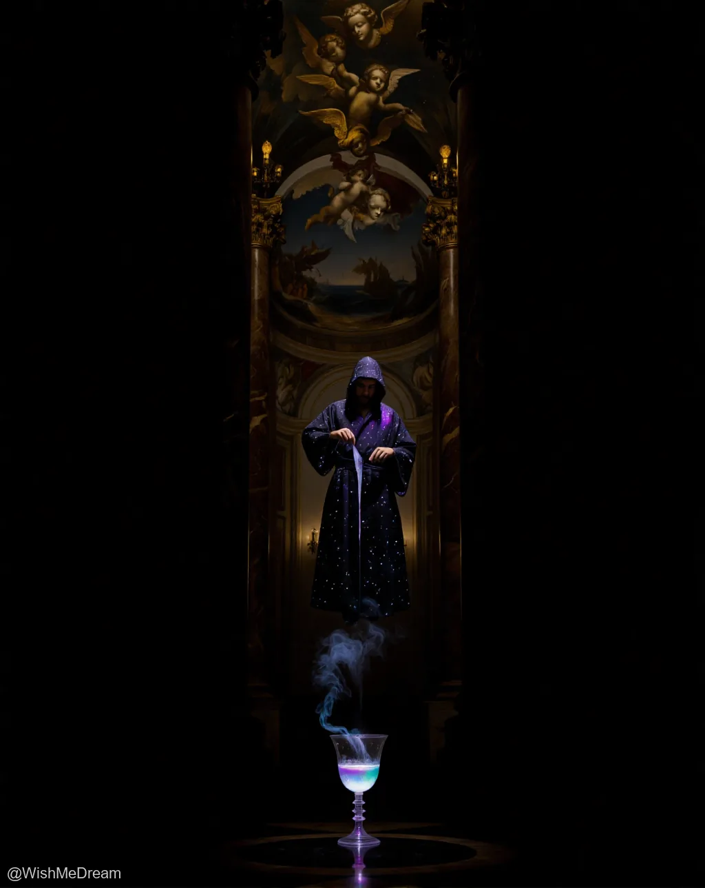 A hooded figure floats mid-air above an ornate chalice, pouring glowing liquid from a celestial robe into it while cherubs watch from a gilded ceiling fresco.