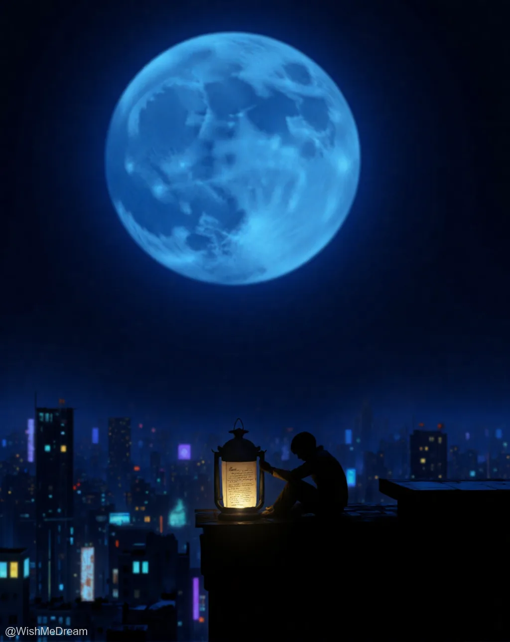 A solitary figure sits on a rooftop at night, illuminated by a glowing lantern holding a letter, beneath an enormous, surreal blue moon that looms over a neon-lit cityscape.